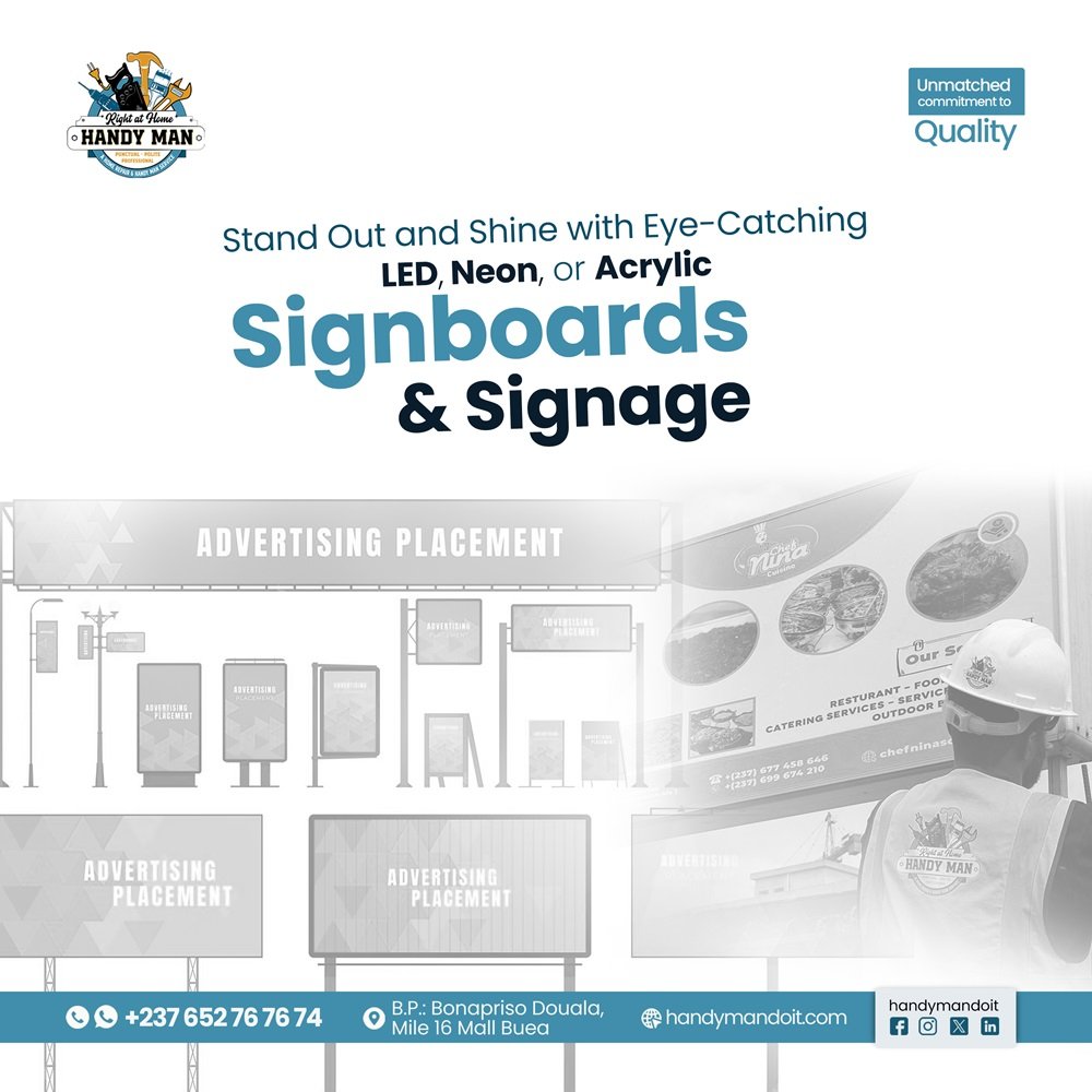 Handyman Do it - Signage & SignBoards Services | Handyman Do It Services - Handymandoit Cameroon - Handyman Do It Services Cameroon | Signage Services Cameroon, Signboard Services Cameroon, Custom Business Signs Cameroon, LED Signboards Cameroon, Acrylic Signs Cameroon, Shop Signs Cameroon, Office Signage Cameroon.